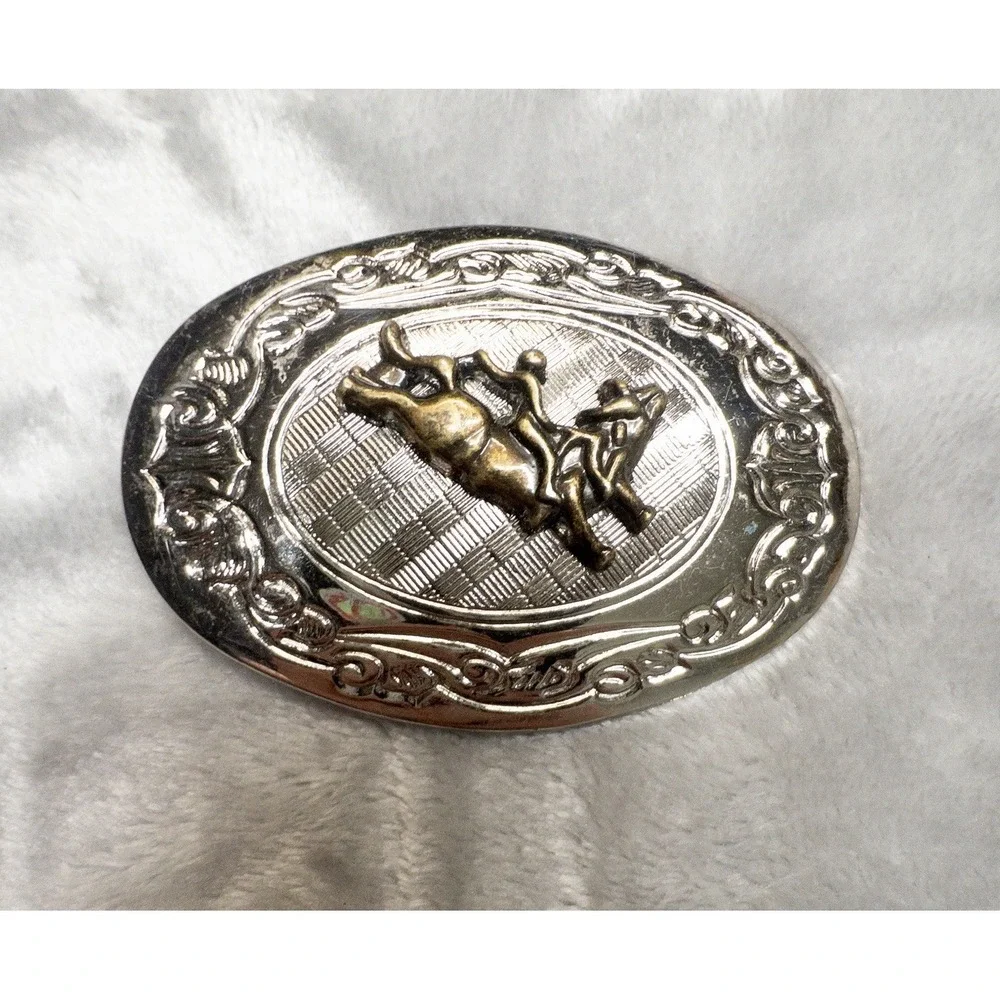 Silver And Bronze Western Rodeo Bull Riding Belt Buckle 3
